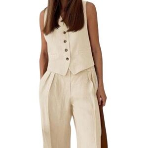 Women’s Generic linen 2 piece sets V Neck wide leg pants color cream Medium